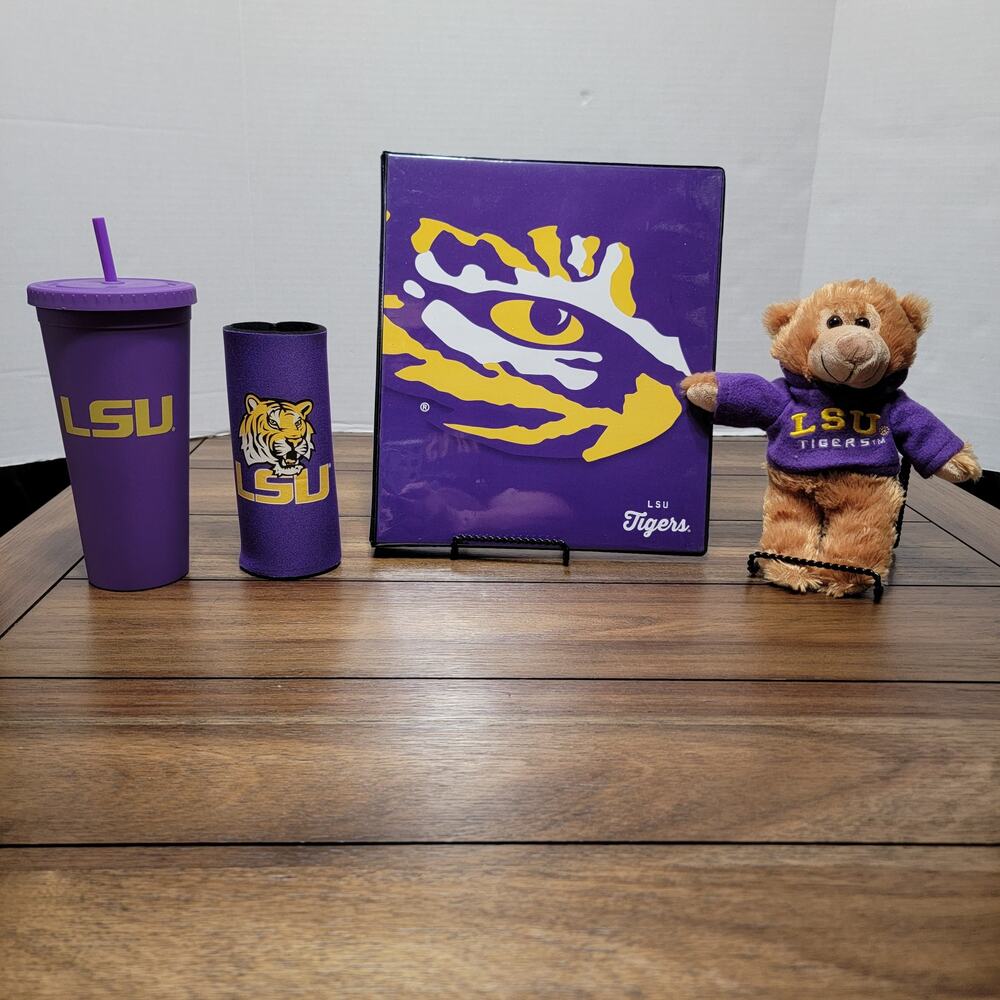4Pc LSU Tigers Fan Pack: Binder, Plush, Tumbler & Tall Koozie